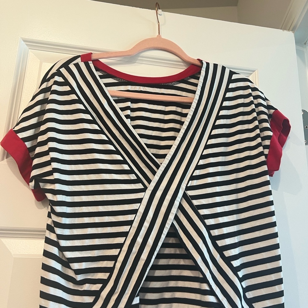 Women's Black & White Striped Short Sleeve Tee with Pink Trim - Picture 4 of 15